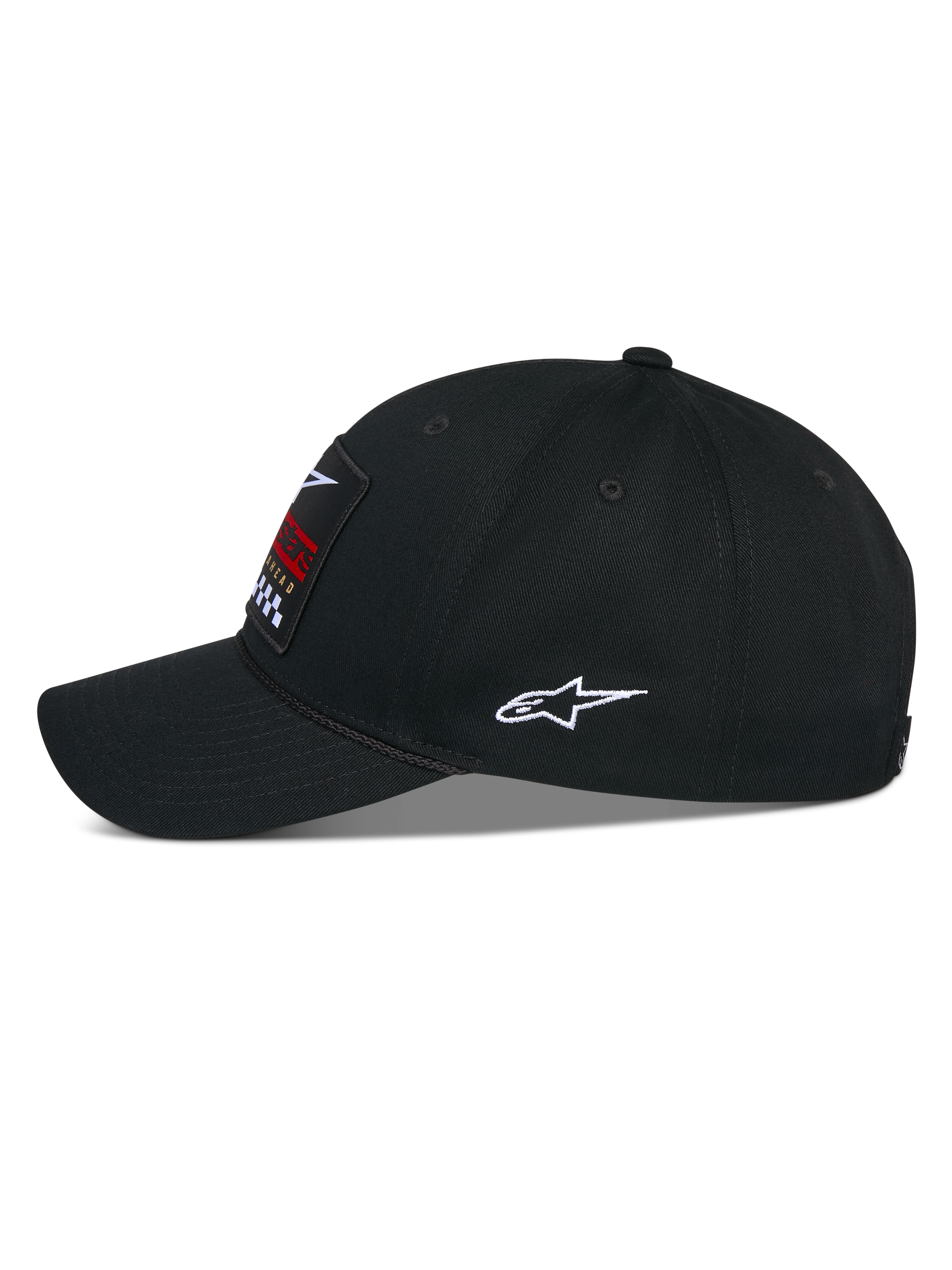 Alpinestars Matrix Snapback Hat, Black, side view of a casual baseball cap with a curved bill and structured crown, featuring a front multicolor embroidery patch and a white Astars logo on the side, cotton twill construction.