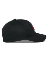 Alpinestars Matrix Snapback Hat, side profile, black cotton twill cap with a curved bill and structured crown, featuring a multicolor embroidered patch on the front, casual motorsport streetwear