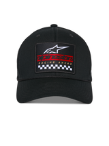 Alpinestars Matrix Snapback Hat, Black, Structured Crown and Curved Bill, Front view with multi-color embroidered patch featuring white Astars logo, red branding, and black and white checkered pattern, Casual Motorsport Headwear