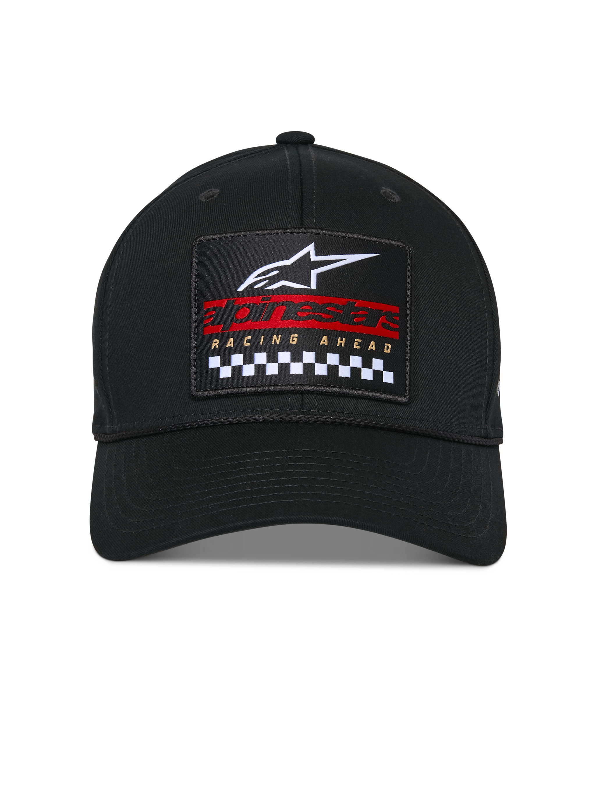 Alpinestars Matrix Snapback Hat, Black, Structured Crown and Curved Bill, Front view with multi-color embroidered patch featuring white Astars logo, red branding, and black and white checkered pattern, Casual Motorsport Headwear