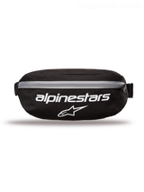 Alpinestars Only Linear Hip Bag, Sportswear and Casual Waist Pack for Men and Women, Black and White, Durable 600D Polyester Textile, 2L Capacity, featuring large front Alpinestars logo branding.