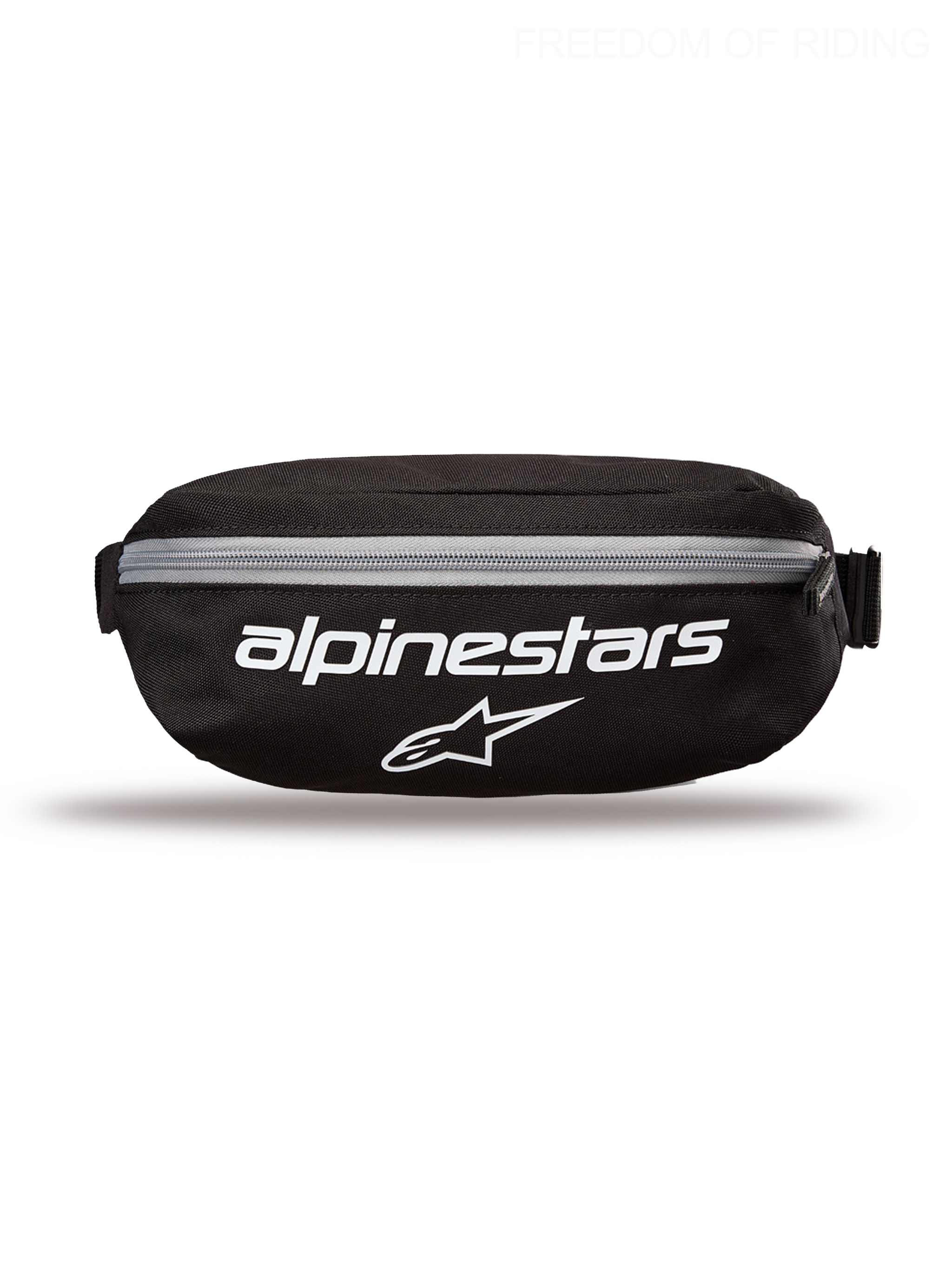 Alpinestars Only Linear Hip Bag, Sportswear and Casual Waist Pack for Men and Women, Black and White, Durable 600D Polyester Textile, 2L Capacity, featuring large front Alpinestars logo branding.