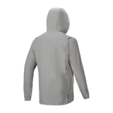 Alpinestars A-Dura Thermal Jacket, Insulated Cycling Jacket, Titanium Gray, back view with hood up, featuring a minimalist design with small logo detail on lower back, lightweight thermal performance for mountain biking.