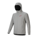 Alpinestars A-Dura Thermal Jacket, light gray Titanium cycling jacket featuring an insulated hood, red chest logo, and full-zip front, technical mountain bike gear for cold weather protection.