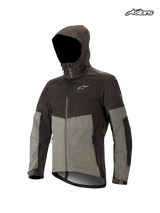 Alpinestars Tahoe Waterproof Jacket, mountain bike waterproof jacket, black and dark shadow, featuring a dual adjustment storm hood, full zip, and reflective details