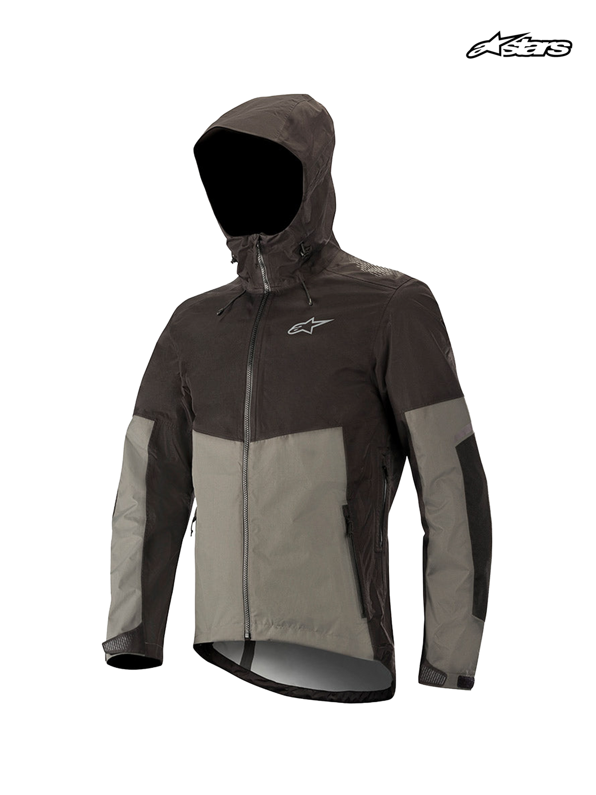 Alpinestars Tahoe Waterproof Jacket, mountain bike waterproof jacket, black and dark shadow, featuring a dual adjustment storm hood, full zip, and reflective details