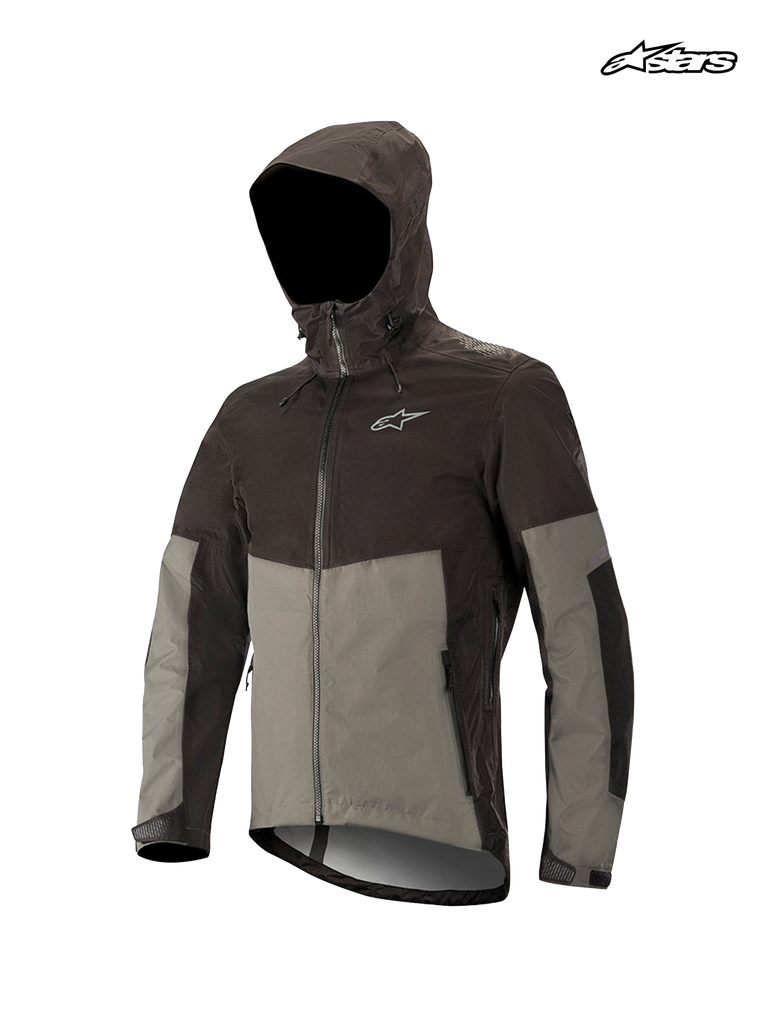 Alpinestars Tahoe Waterproof Jacket, mountain bike waterproof jacket, black and dark shadow, featuring a dual adjustment storm hood, full zip, and reflective details