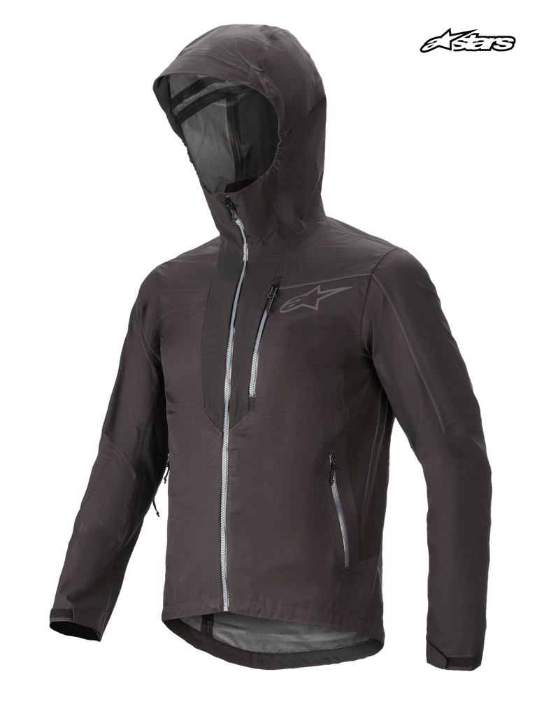 Alpinestars Tahoe 8.0 Waterproof Jacket, mountain biking waterproof jacket in black gun metal, front view showing storm hood, fully-welded YKK zippers, and lightweight breathable construction