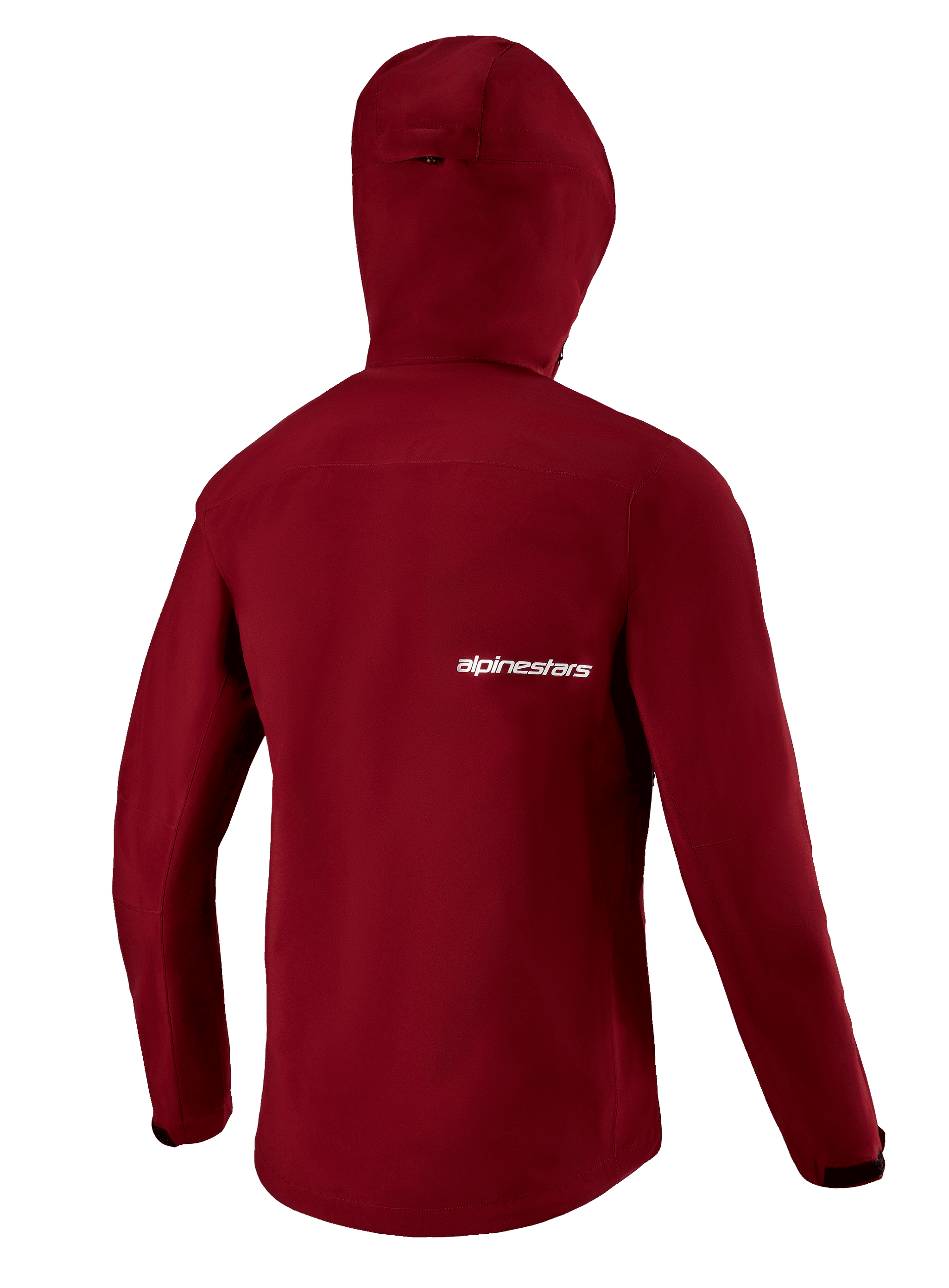 Alpinestars Sierra Waterproof Jacket, Men's MTB, Barolo Red, featuring helmet-compatible storm hood and extended rear hem.