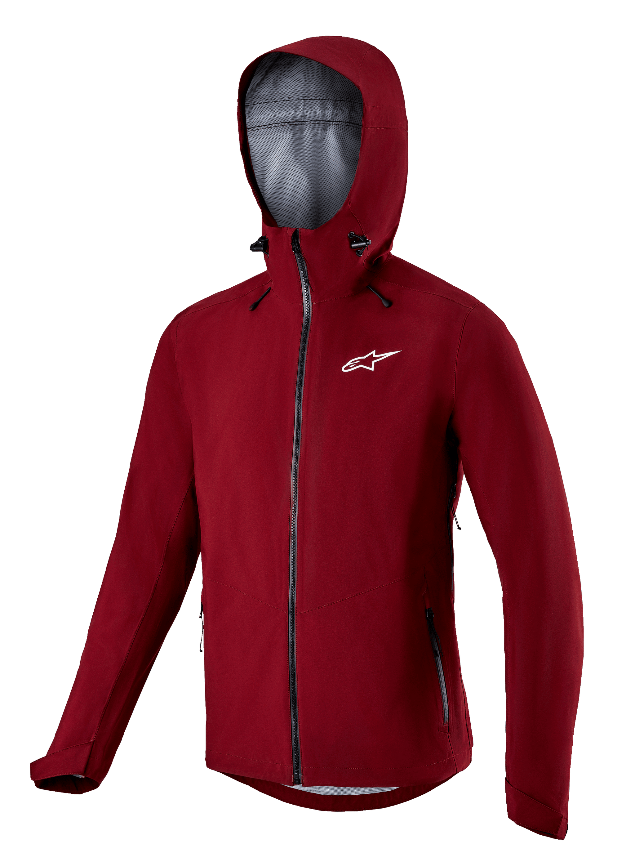 Alpinestars Sierra Waterproof Jacket, Men's MTB gear in Barolo Red, featuring a storm hood and zippered pockets.