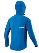 Alpinestars Sierra Waterproof Jacket, Men's MTB cycling jacket, Blue Aquamarine, rear view with storm hood and extended hem.