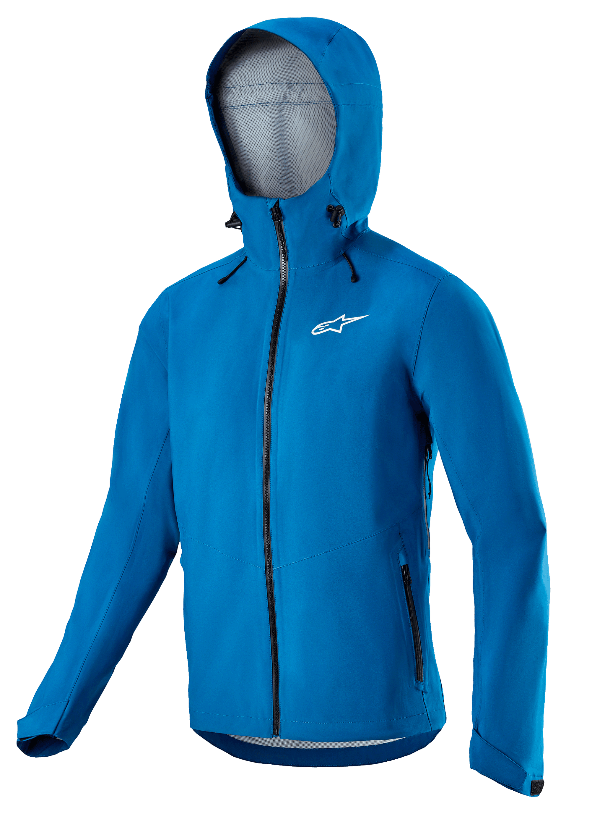 Alpinestars Sierra Waterproof Jacket, Men's Blue MTB cycling jacket with helmet-compatible storm hood and waterproof zippers.