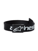 Alpinestars Linear Web Belt, casual web belt, black and white, featuring a removable metal clamp buckle with debossed enamel logo and linear logo printed strap