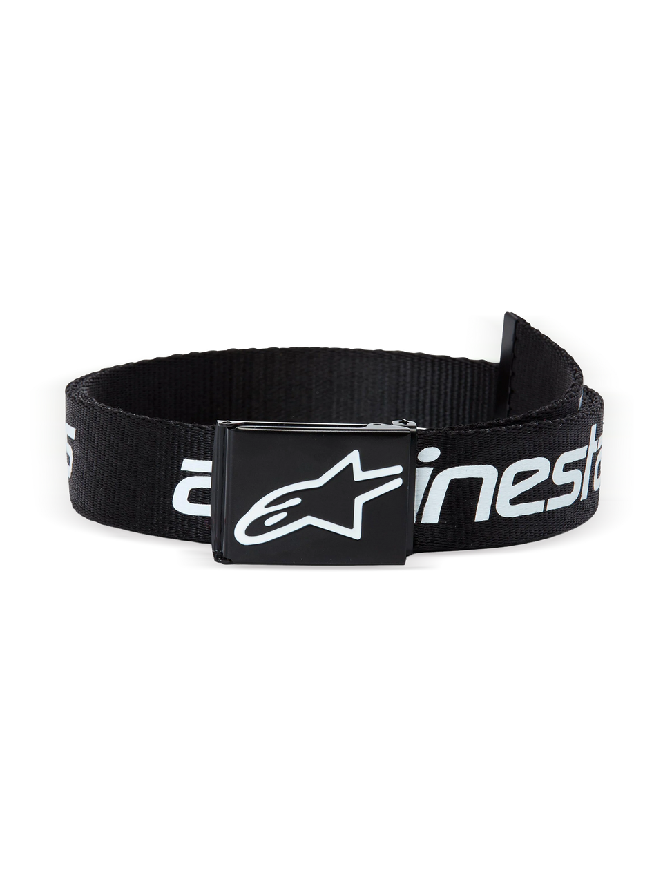 Alpinestars Linear Web Belt, casual web belt, black and white, featuring a removable metal clamp buckle with debossed enamel logo and linear logo printed strap
