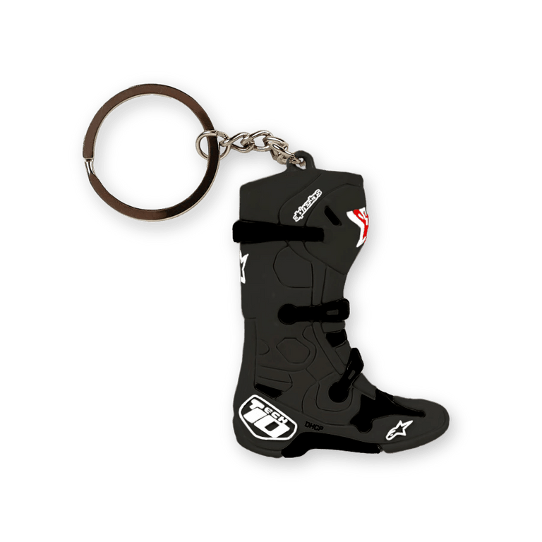 Alpinestars New Tech 10 Boot Keyfob, Black with White and Red Accents, miniature 3D replica of the iconic motocross boot, detailed molded buckles and branding, silver metal keyring