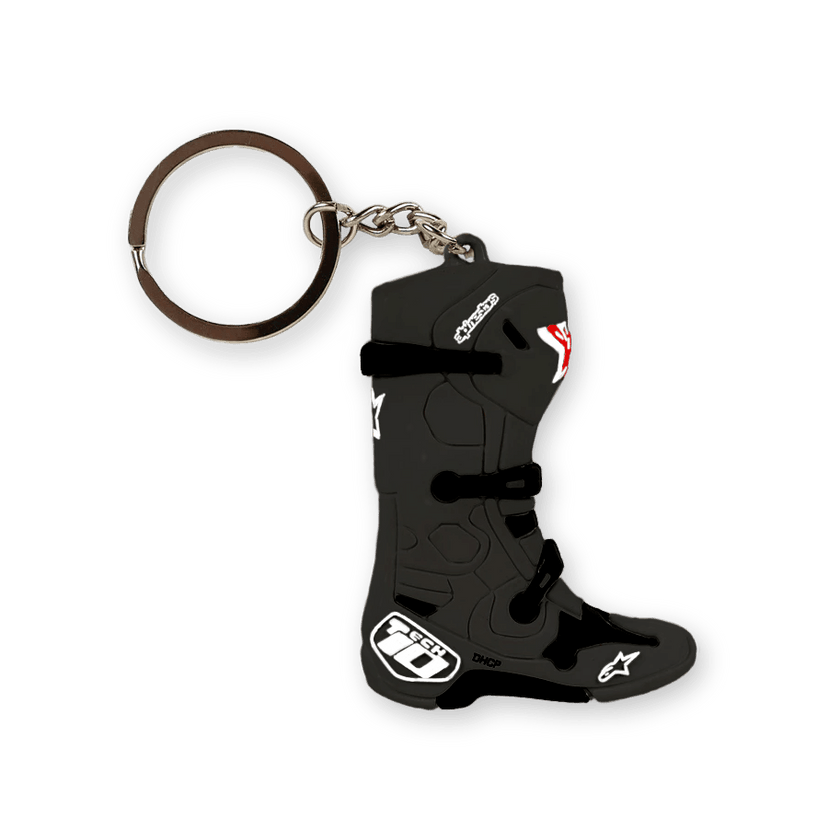 Alpinestars New Tech 10 Boot Keyfob, Black with White and Red Accents, miniature 3D replica of the iconic motocross boot, detailed molded buckles and branding, silver metal keyring