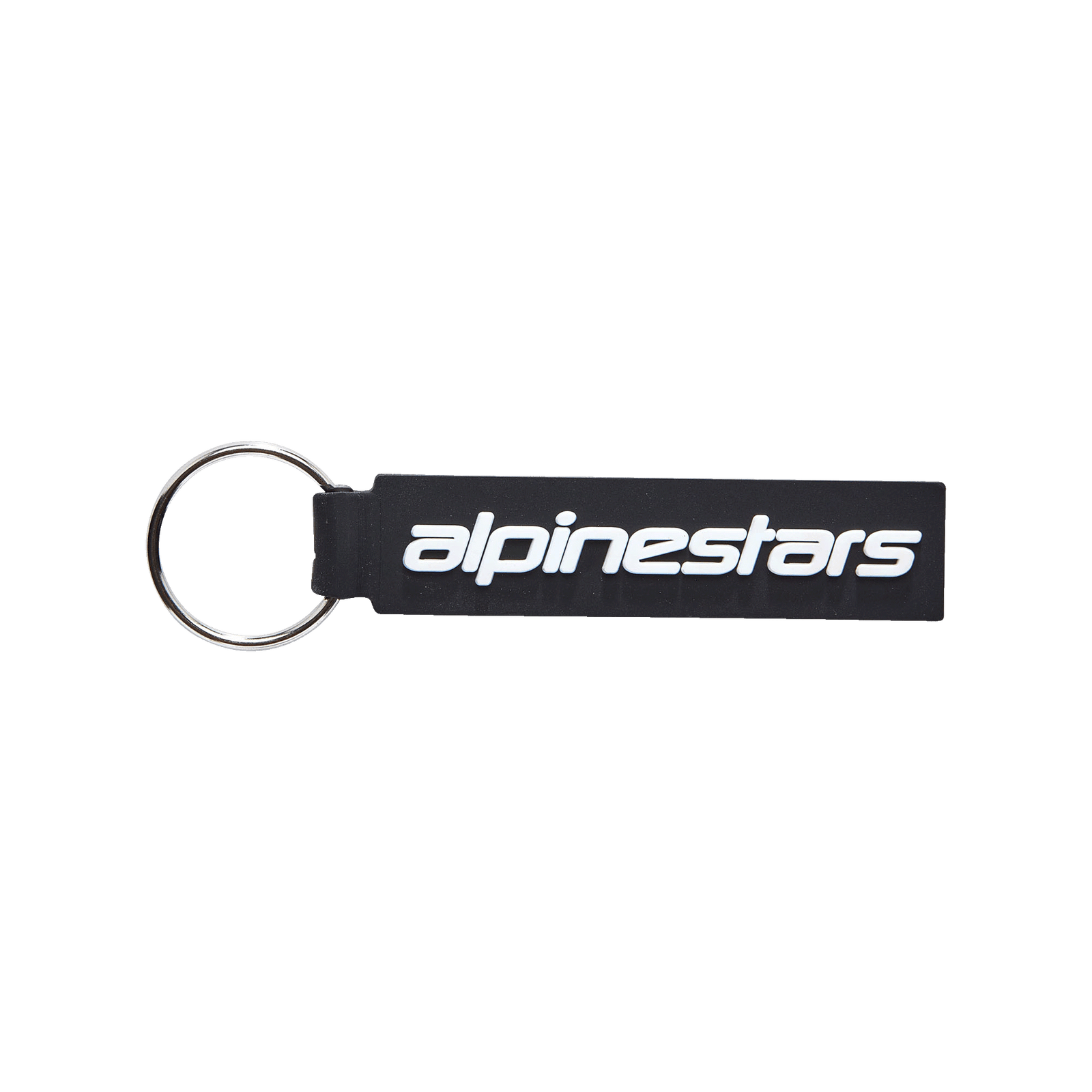 Alpinestars Linear Key Fob, Black rectangular keychain with white Alpinestars logo, silver metal ring, premium 3D molded PVC construction, motorsport-inspired accessory