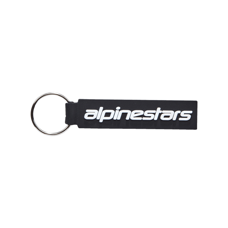 Alpinestars Linear Key Fob, Black rectangular keychain with white Alpinestars logo, silver metal ring, premium 3D molded PVC construction, motorsport-inspired accessory