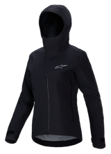 Alpinestars Stella A-Dura Elite Waterproof Jacket, Women's Mountain Bike Jacket, Black, featuring a hooded design with a protective storm flap, front zipper, zippered hand pockets, and adjustable velcro cuffs, technical waterproof fabric with a silver logo on the chest