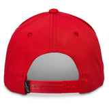 Alpinestars Rostrum Hat, back view of red snapback baseball cap, features an adjustable red plastic closure, small black label with white logo, structured twill fabric, casual motorsport sportswear