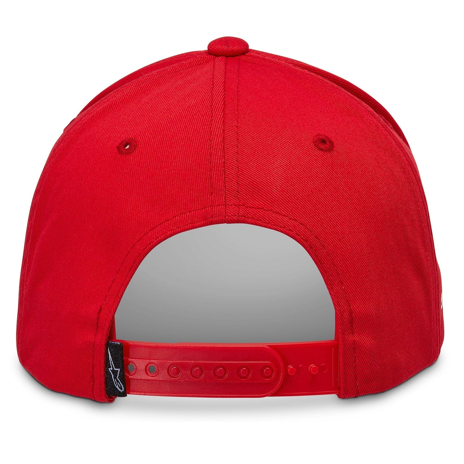 Alpinestars Rostrum Hat, back view of red snapback baseball cap, features an adjustable red plastic closure, small black label with white logo, structured twill fabric, casual motorsport sportswear