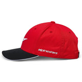 Alpinestars Rostrum Hat, Red and Black, side view of structured baseball cap with a red crown and black curved bill, featuring white Alpinestars wordmark on the side, casual motorsport headwear