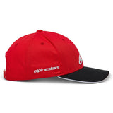 Alpinestars Rostrum Hat, Red and Black Baseball Cap, side view featuring a red structured crown with white Alpinestars wordmark and a curved black sandwich bill, casual motorsport streetwear