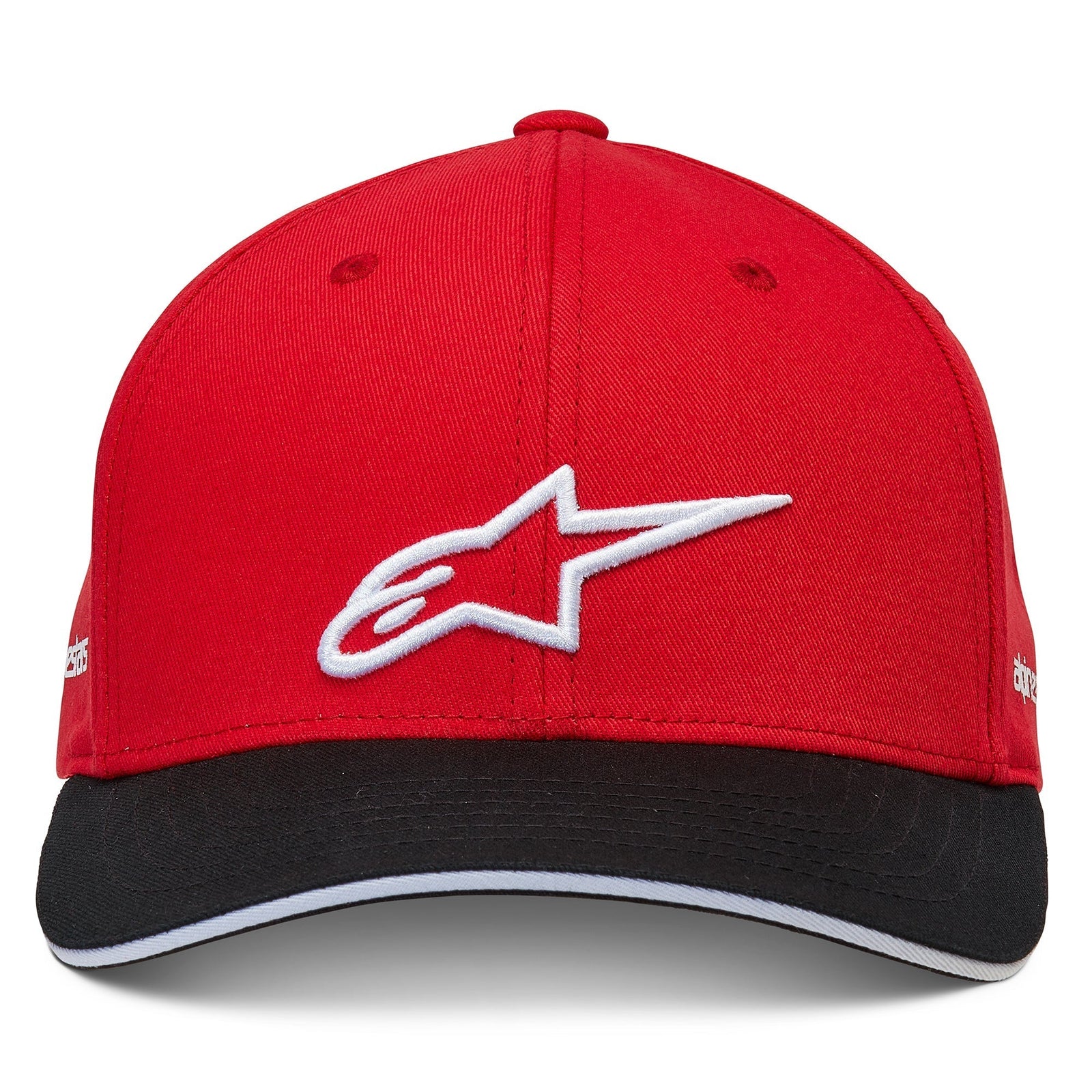 Alpinestars Rostrum Hat, Red Snapback Baseball Cap, Black Curved Bill with White Sandwich Detail, White 3D Embroidered Logo, Casual Sportswear