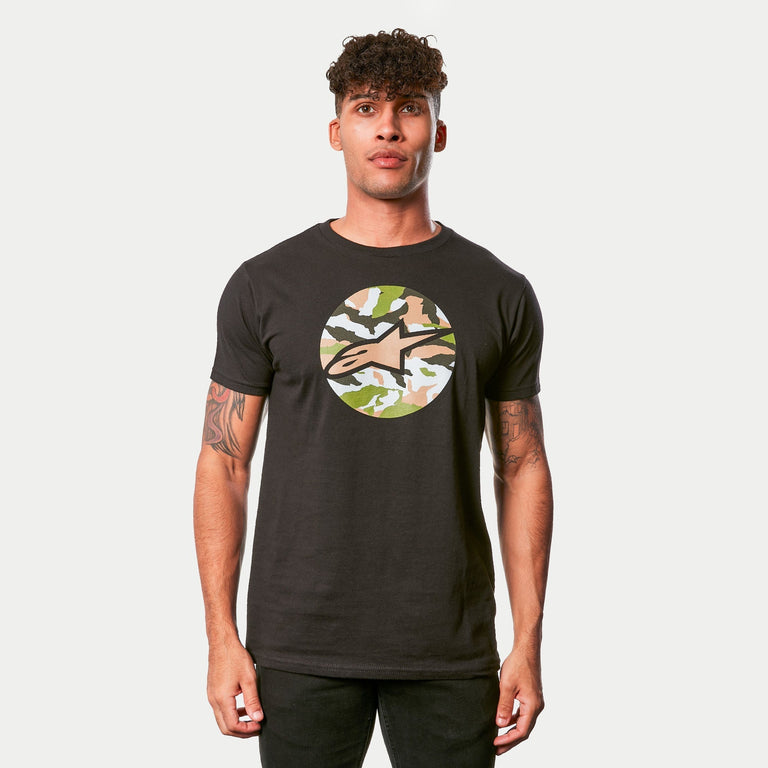 Alpinestars Camo Disk Tee, men's casual sportswear, black cotton shirt with a camo-print circular logo on the chest.