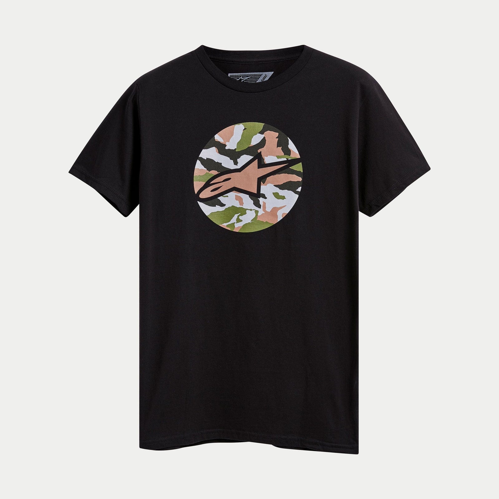 Alpinestars Camo Disk Tee, casual sportswear for men, black cotton with a circular camo logo graphic.