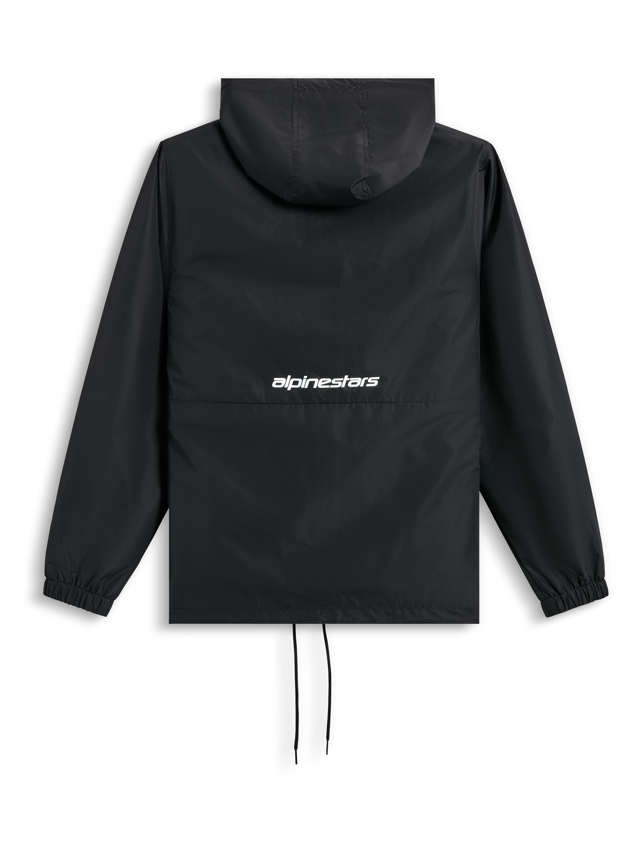 Alpinestars Speeder Chromium Windbreak Jacket, Black, back view showing hood, elastic cuffs, drawcord hem, and white word logo at the back
