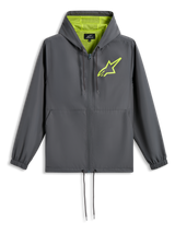 Alpinestars Speeder Chromium Windbreak Jacket, Charcoal Grey with Hi-Vis Yellow, lime green star logo on chest, mesh-lined hood, full-zip front with drawstring hem, casual motorsport-inspired windbreaker