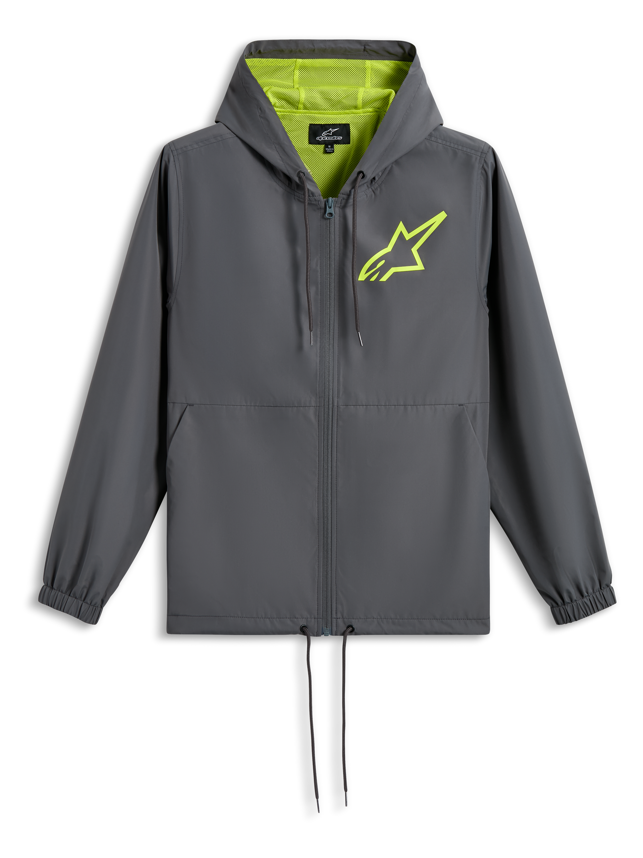 Alpinestars Speeder Chromium Windbreak Jacket, Charcoal Grey with Hi-Vis Yellow, lime green star logo on chest, mesh-lined hood, full-zip front with drawstring hem, casual motorsport-inspired windbreaker