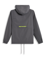Alpinestars Speeder Chromium Windbreak Jacket, rear view, Charcoal grey with Hi-Vis yellow logo across the back, hooded windbreaker with elasticated cuffs and drawstring hem, casual motorsport-inspired streetwear