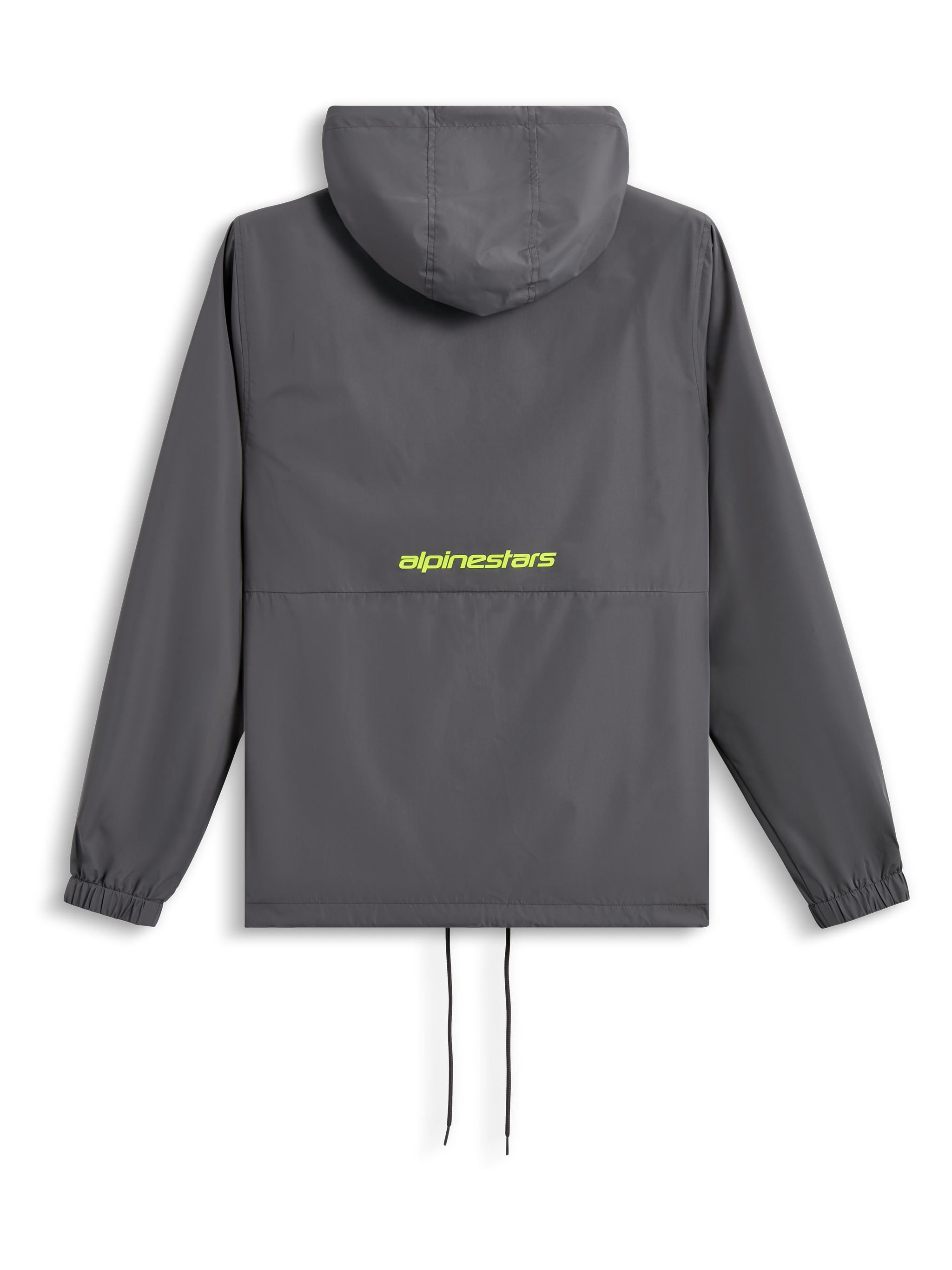 Alpinestars Speeder Chromium Windbreak Jacket, rear view, Charcoal grey with Hi-Vis yellow logo across the back, hooded windbreaker with elasticated cuffs and drawstring hem, casual motorsport-inspired streetwear