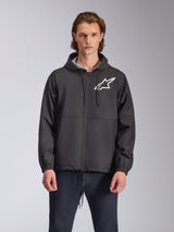 Alpinestars Speeder Chromium Windbreak Jacket, Black hooded jacket with a white star logo on the chest, featuring a front zipper, drawstring hood, and elastic cuffs, motorsport-inspired casual streetwear