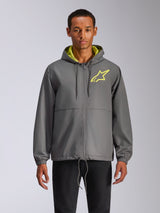 Alpinestars Speeder Chromium Windbreak Jacket, charcoal gray hooded windbreaker with hi-vis yellow star logo, lime green hood interior, elastic cuffs, adjustable drawstrings, front zipper closure, casual motorsport style