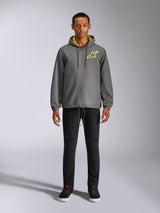 Alpinestars Speeder Chromium Windbreak Jacket, Charcoal gray hooded jacket with high-vis yellow lining and chest logo, full-zip front, elastic cuffs, casual motorsport-inspired streetwear