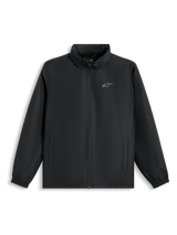 Alpinestars Overhaul Racer Jacket, Black Rain Shell Jacket, featuring a small silver logo on the chest, full front zipper, and side pockets, casual motorsport-inspired streetwear