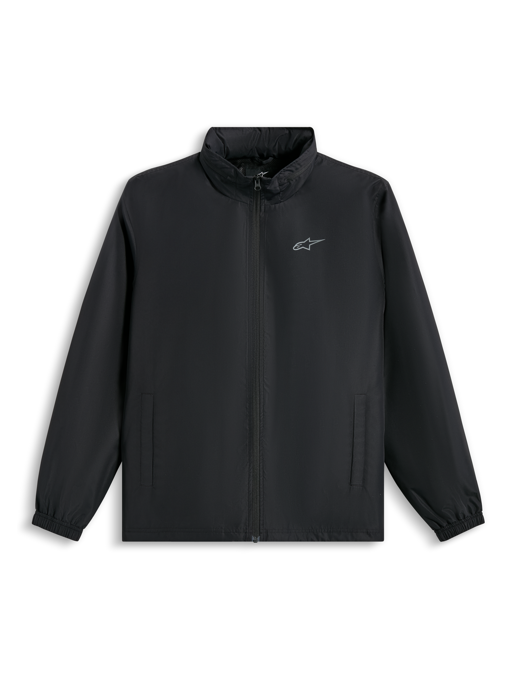 Alpinestars Overhaul Racer Jacket, Black Rain Shell Jacket, featuring a small silver logo on the chest, full front zipper, and side pockets, casual motorsport-inspired streetwear