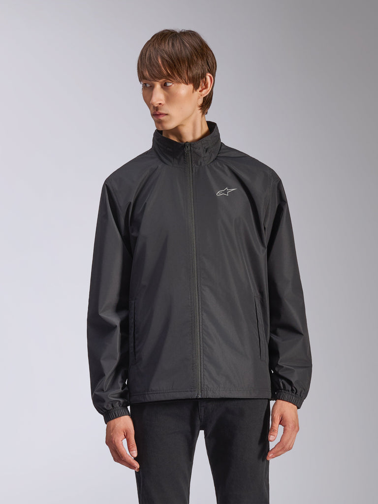 Alpinestars Overhaul Racer Jacket, Men's Black Rain Shell Jacket, featuring a high collar and full-length front zipper, small white logo on chest, elasticated cuffs, smooth water-resistant fabric, minimalist motorsport-inspired design