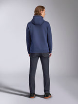 Alpinestars Harken Hoodie, Navy Blue, Rear View, Pullover Fleece Hoodie, Casual Sportswear, worn with dark denim jeans, showing the hood and ribbed hem