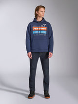 Alpinestars Harken Hoodie, Navy blue pullover fleece, bold multi-colored front graphic with 'RACING AHEAD' and Alpinestars wordmark, kangaroo pocket, drawstring hood, casual motorsport-inspired streetwear