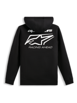 Alpinestars Formulation Hoodie, back view, Black, large white graphic with Alpinestars logo and 'RACING AHEAD' wordmark, casual sportswear, poly fleece with ribbed hem and cuffs