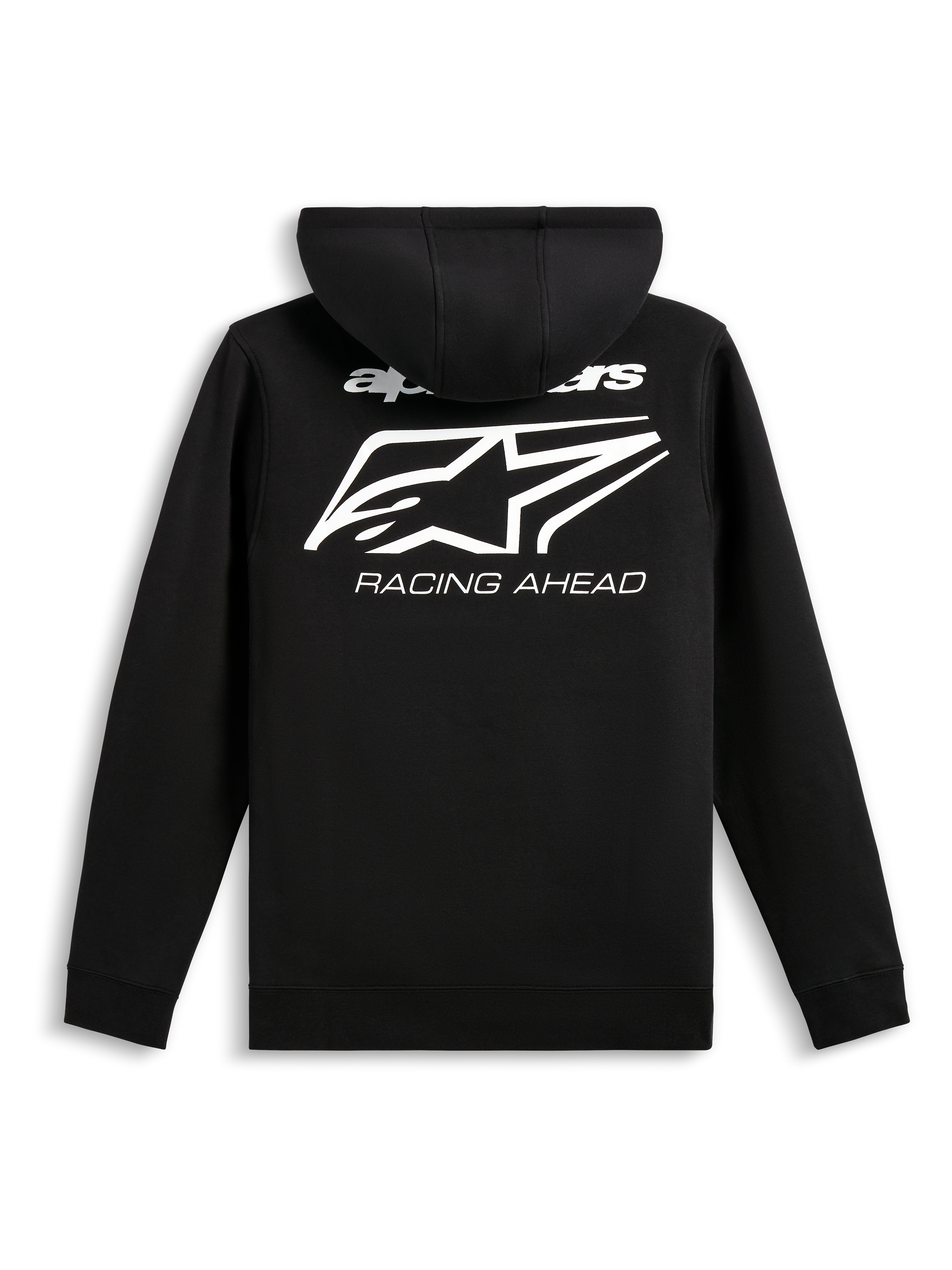 Alpinestars Formulation Hoodie, back view, Black, large white graphic with Alpinestars logo and 'RACING AHEAD' wordmark, casual sportswear, poly fleece with ribbed hem and cuffs