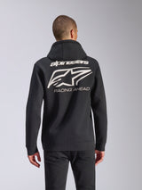 Alpinestars Formulation Hoodie, black zip-up hoodie, back view with large cream Alpinestars star logo and 'RACING AHEAD' text, casual motorsport-inspired streetwear
