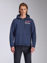 Alpinestars Formulation Hoodie, navy blue full-zip fleece hoodie, features large chest logo with red and white accents, mesh-lined hood with drawcords, casual motorsport-inspired streetwear