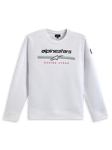 Alpinestars Bettern Crew Sweatshirt, White, featuring black Alpinestars branding, grey racing stripes with a white star logo, and red 'RACING AHEAD' print, casual motorsport-inspired streetwear