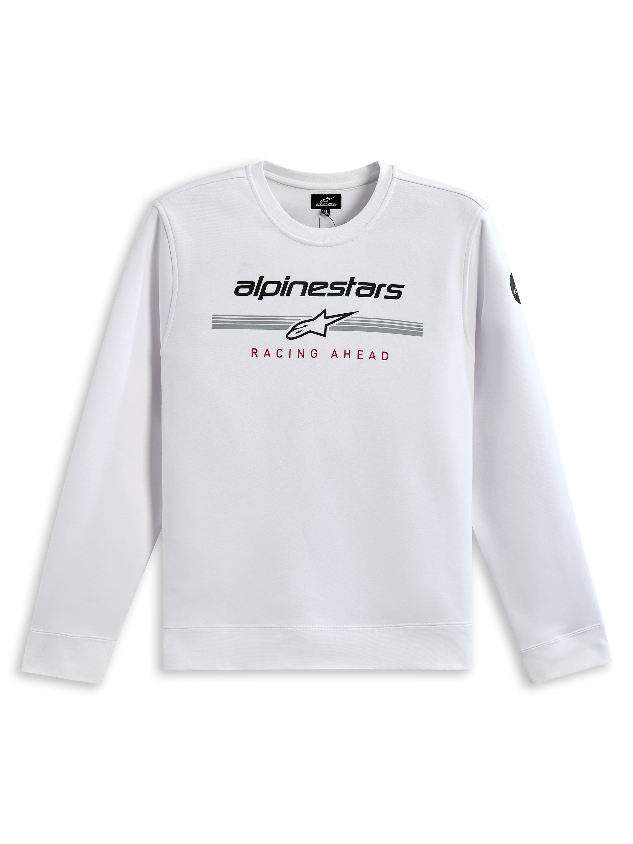 Alpinestars Bettern Crew Sweatshirt, White, featuring black Alpinestars branding, grey racing stripes with a white star logo, and red 'RACING AHEAD' print, casual motorsport-inspired streetwear
