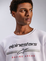 Alpinestars Bettern Crew, White Fleece Crewneck, Black Alpinestars logo with grey horizontal lines and red 'Racing Ahead' text, casual motorsport-inspired streetwear